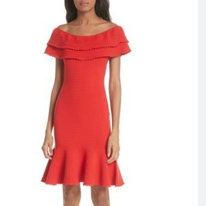 Milly Flounce Textured off the shoulder dress in Poppy/Red